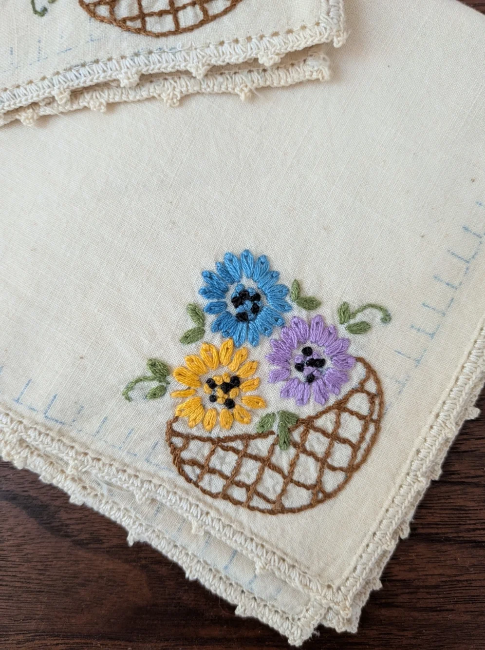 Vintage Hand Embroidered Line Napkins Set 4 Cottagecore Floral Basket 11x11
